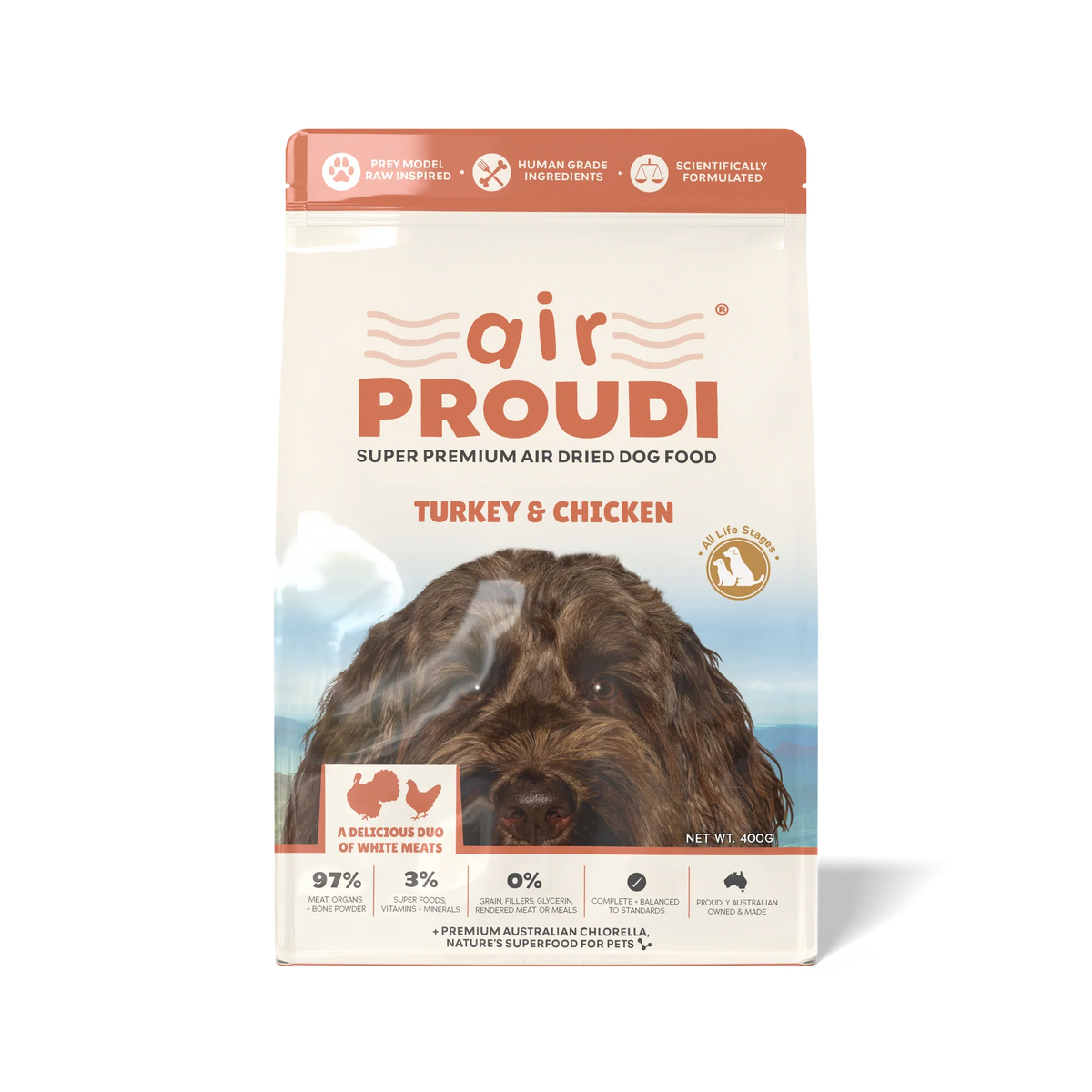 Air Proudi Turkey & Chicken Air Dried Dog Food — packaging example; choose your pack size