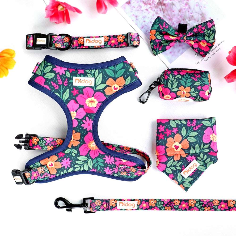 6-Piece Fashion Printed Dog Harness Set | Matching Collar, Leash, Poop Bag, and Bandana | For Small to Medium Dogs