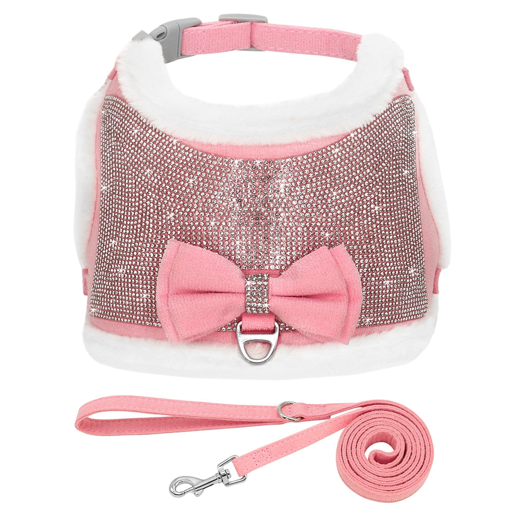Bling Rhinestones Harness for Small Dogs & Cats | Soft Warm Winter Vest with Bowtie and Leash Set
