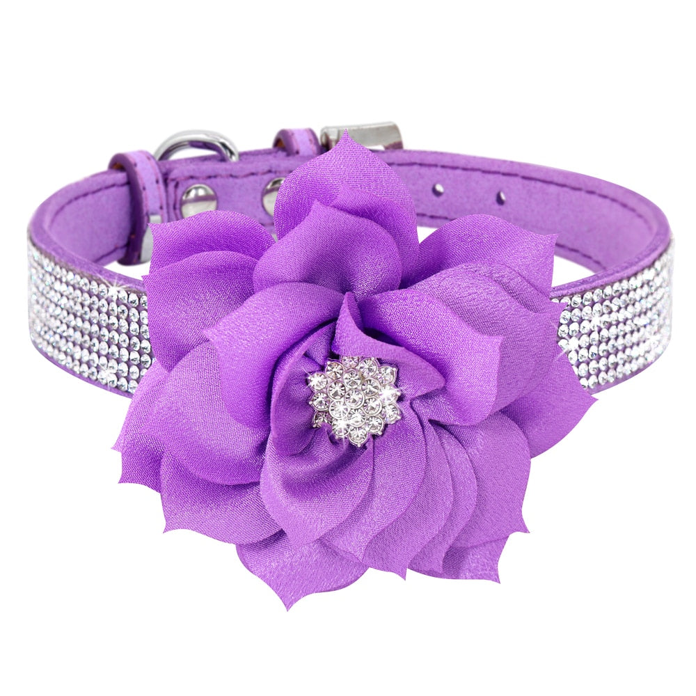 Bling Rhinestone Dog Collar with Flower | Glittery Crystal Puppy & Cat Collar for Small Pets
