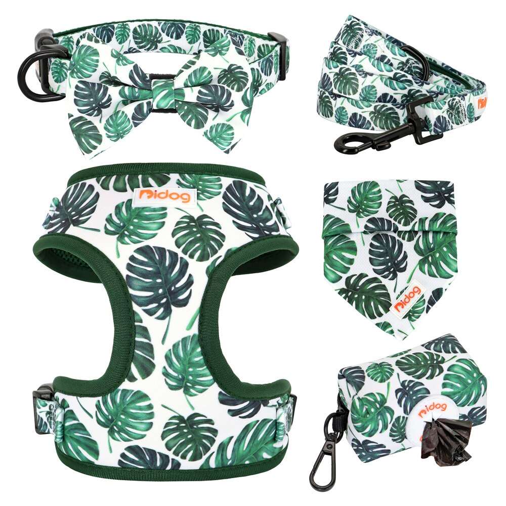 6-Piece Fashion Printed Dog Harness Set | Matching Collar, Leash, Poop Bag, and Bandana | For Small to Medium Dogs