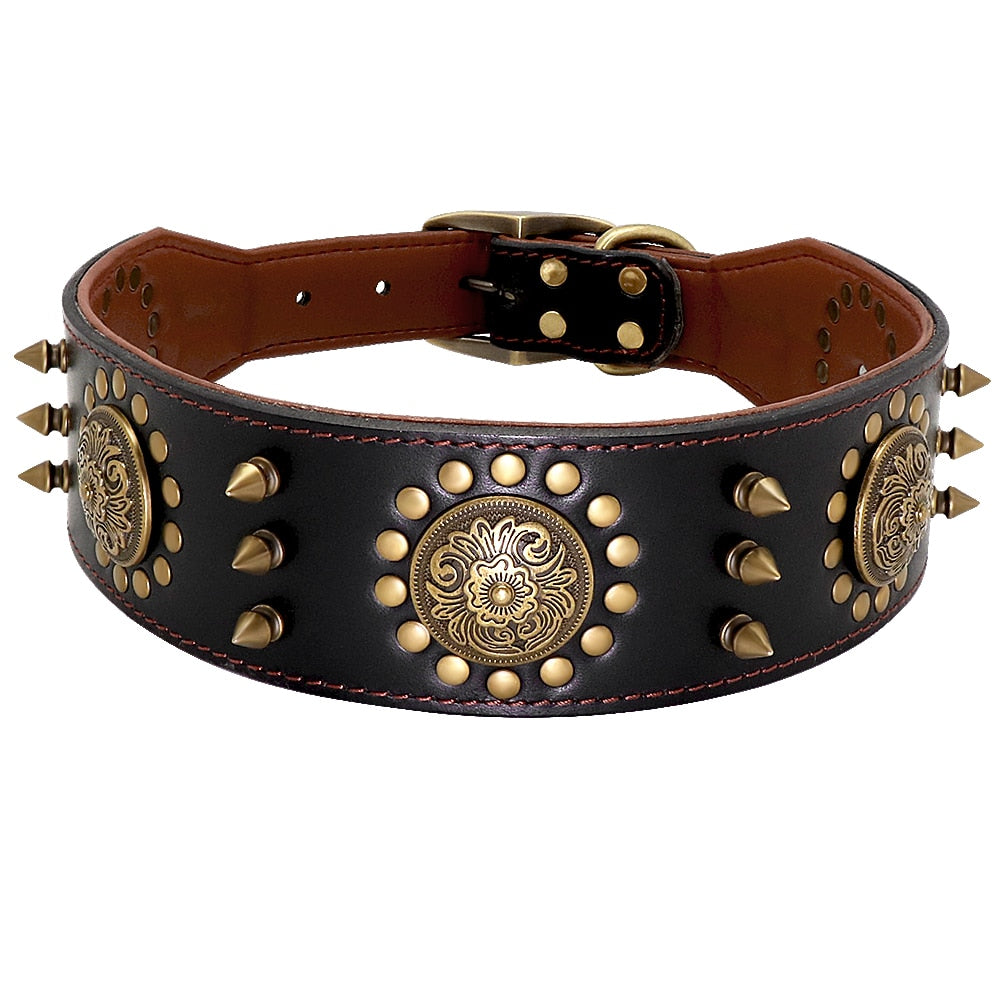 Spiked Leather Dog Collar | Adjustable Studded Collar for Medium & Large Dogs | Heavy Duty Buckle & D-Ring