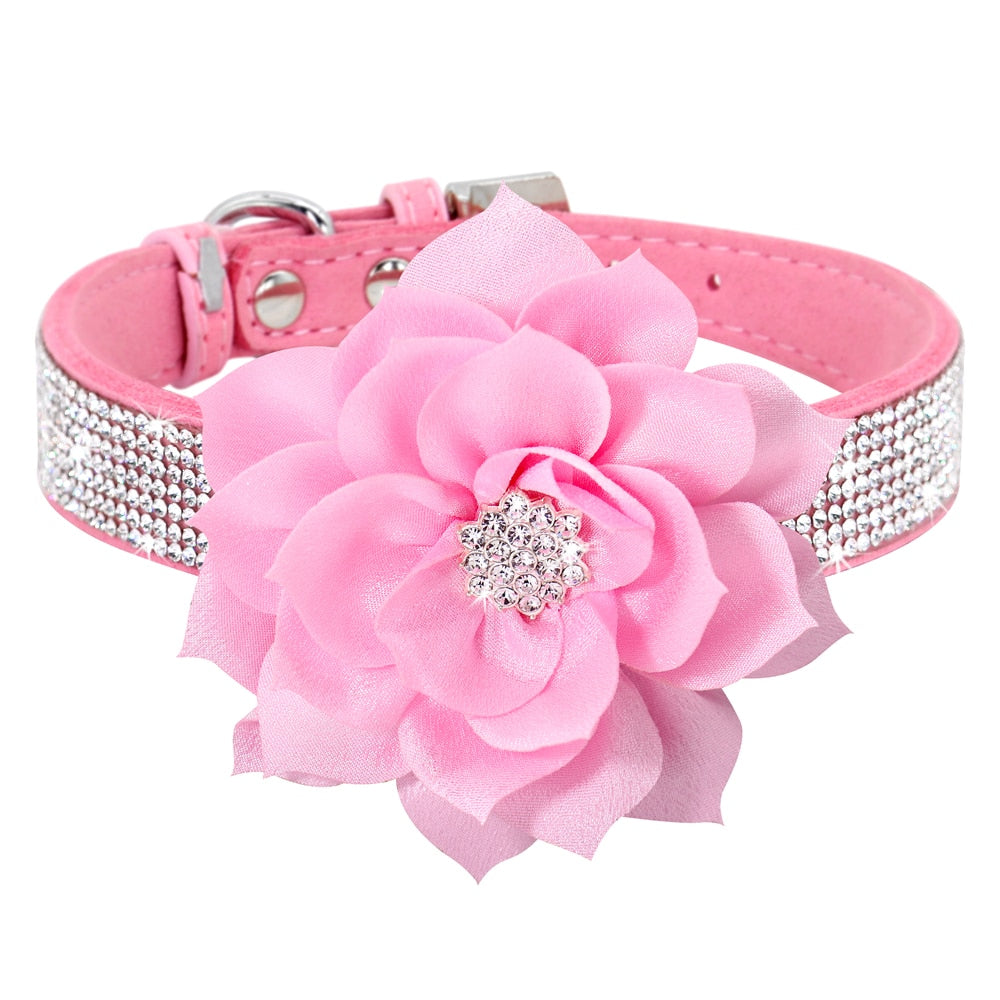 Bling Rhinestone Dog Collar with Flower | Glittery Crystal Puppy & Cat Collar for Small Pets