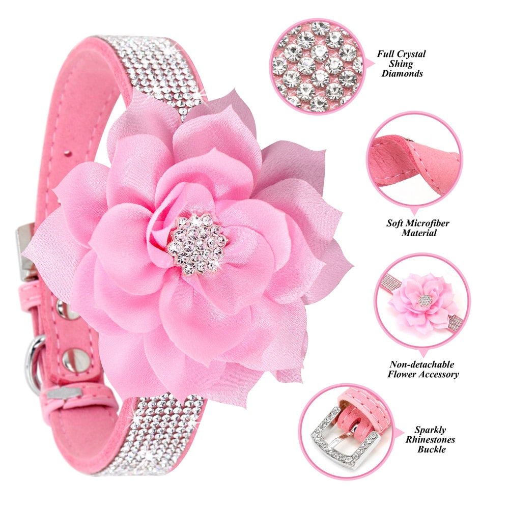 Bling Rhinestone Dog Collar with Flower | Glittery Crystal Puppy & Cat Collar for Small Pets