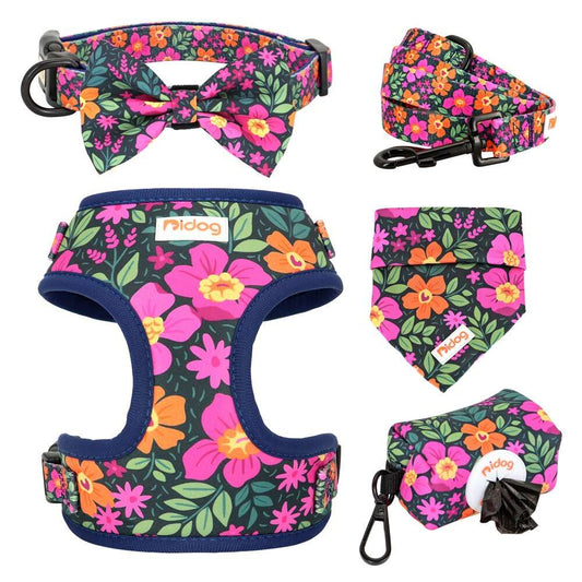 6-Piece Fashion Printed Dog Harness Set | Matching Collar, Leash, Poop Bag, and Bandana | For Small to Medium Dogs