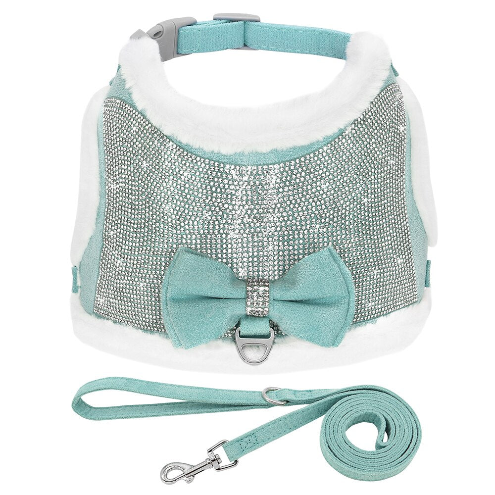 Bling Rhinestones Harness for Small Dogs & Cats | Soft Warm Winter Vest with Bowtie and Leash Set
