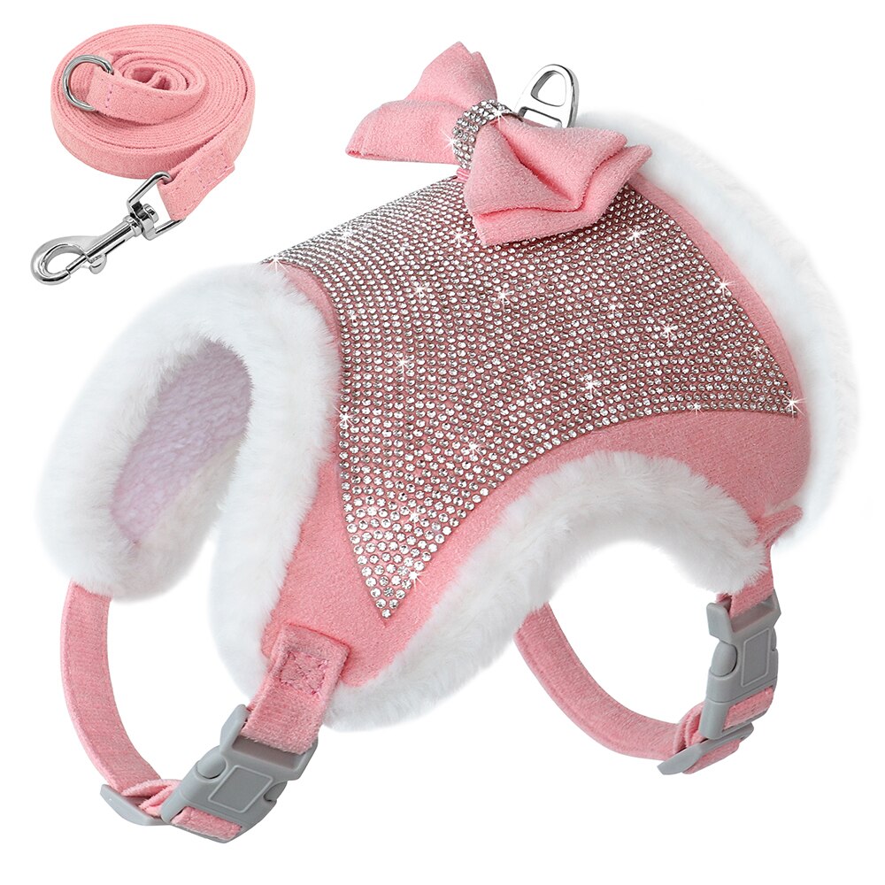 Bling Rhinestones Harness for Small Dogs & Cats | Soft Warm Winter Vest with Bowtie and Leash Set