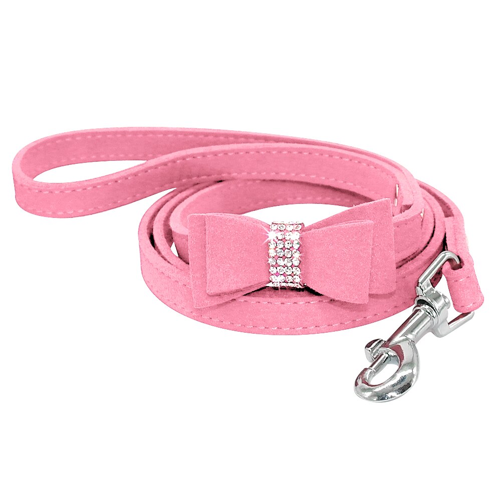 Bling Bowknot Rhinestone Dog Collar and Leash Set | Suede Leather, Sparkling Crystals for Small to Medium Dogs & Cats