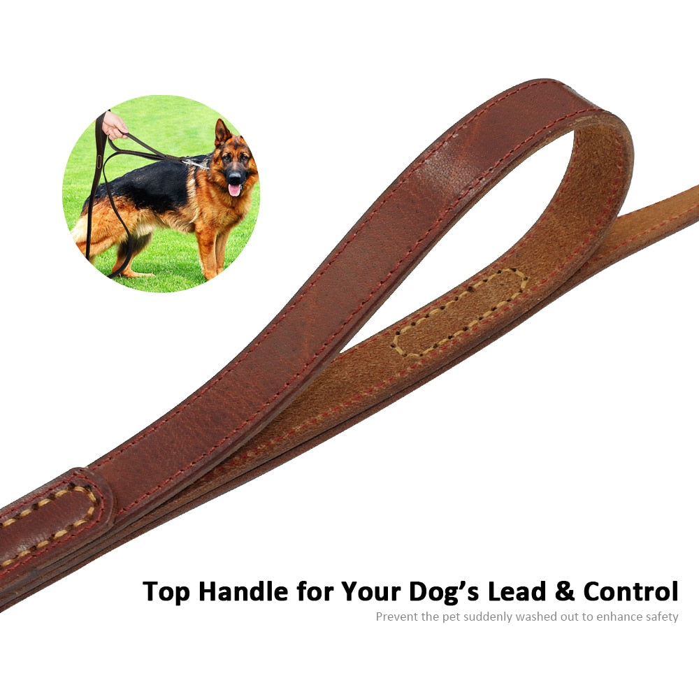 Genuine Leather Dog Leash with Double Handles | Quick Control Walking Lead for Medium & Large Dogs