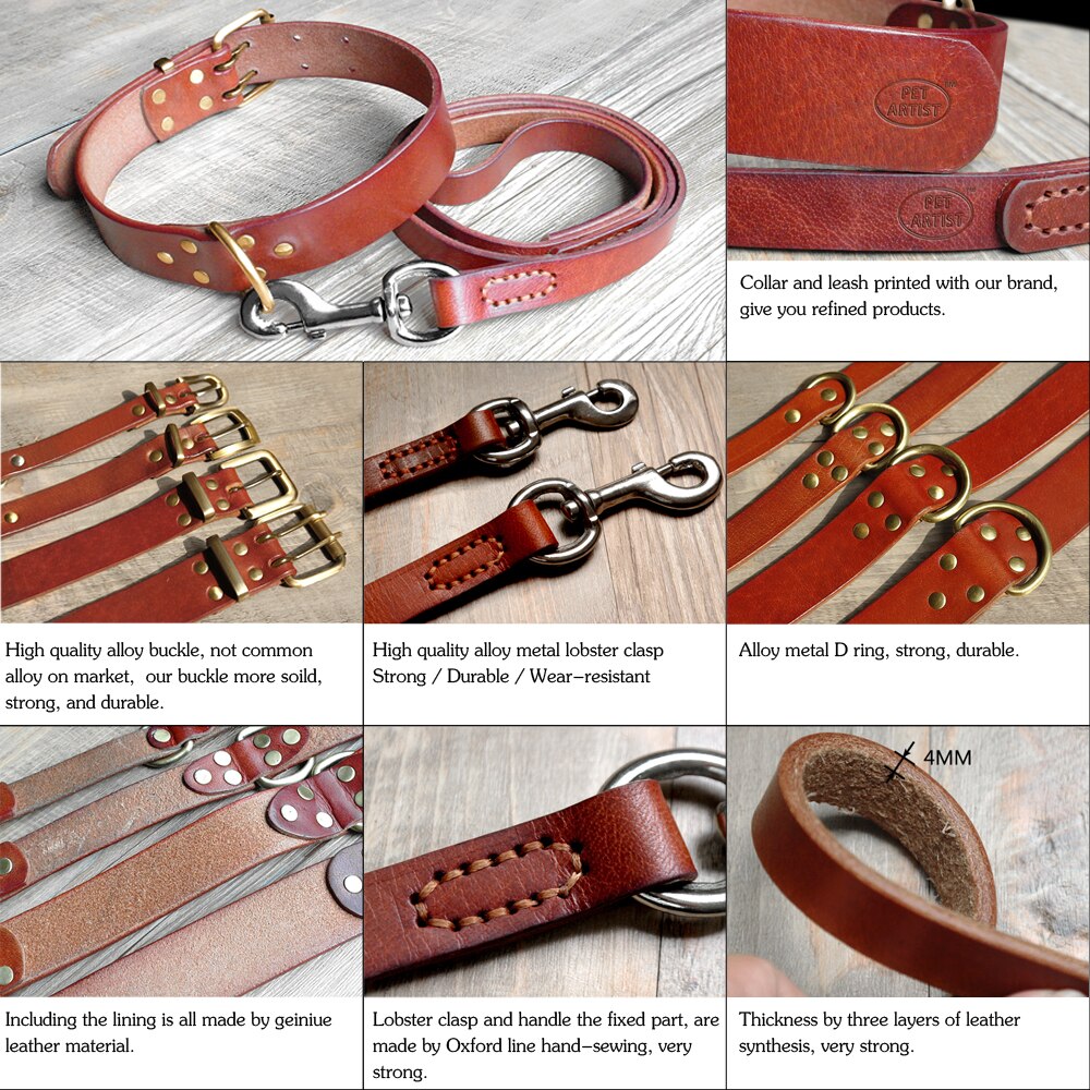 Genuine Leather Dog Collar & Leash Set | Durable Pet Collar for Medium to Large Dogs