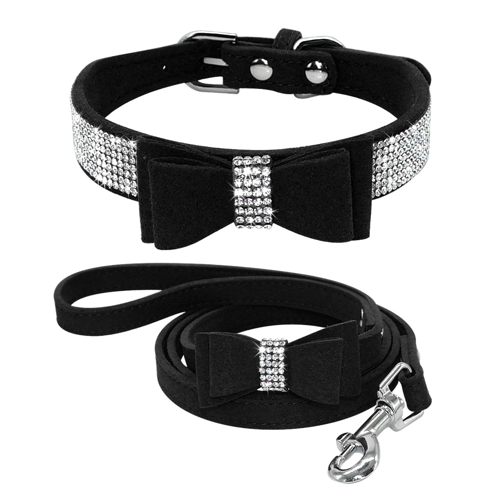 Bling Bowknot Rhinestone Dog Collar and Leash Set | Suede Leather, Sparkling Crystals for Small to Medium Dogs & Cats