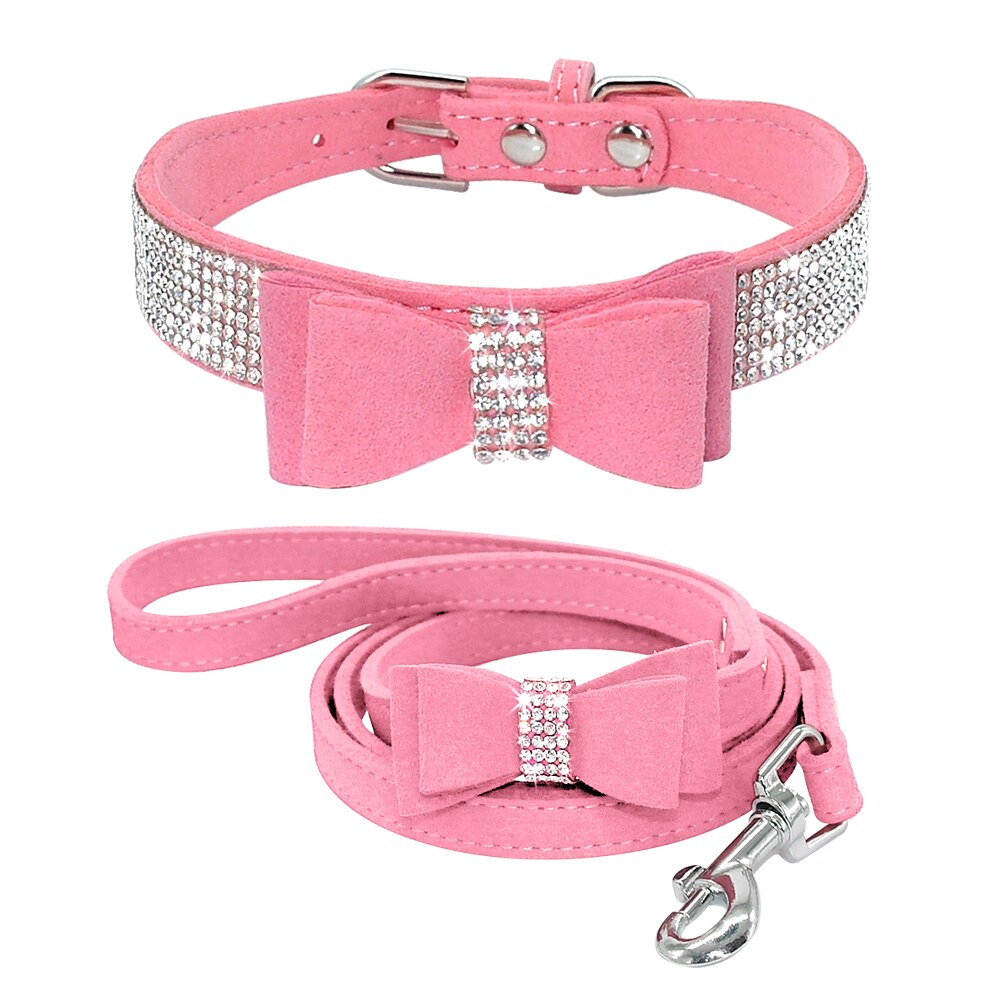 Bling Bowknot Rhinestone Dog Collar and Leash Set | Suede Leather, Sparkling Crystals for Small to Medium Dogs & Cats
