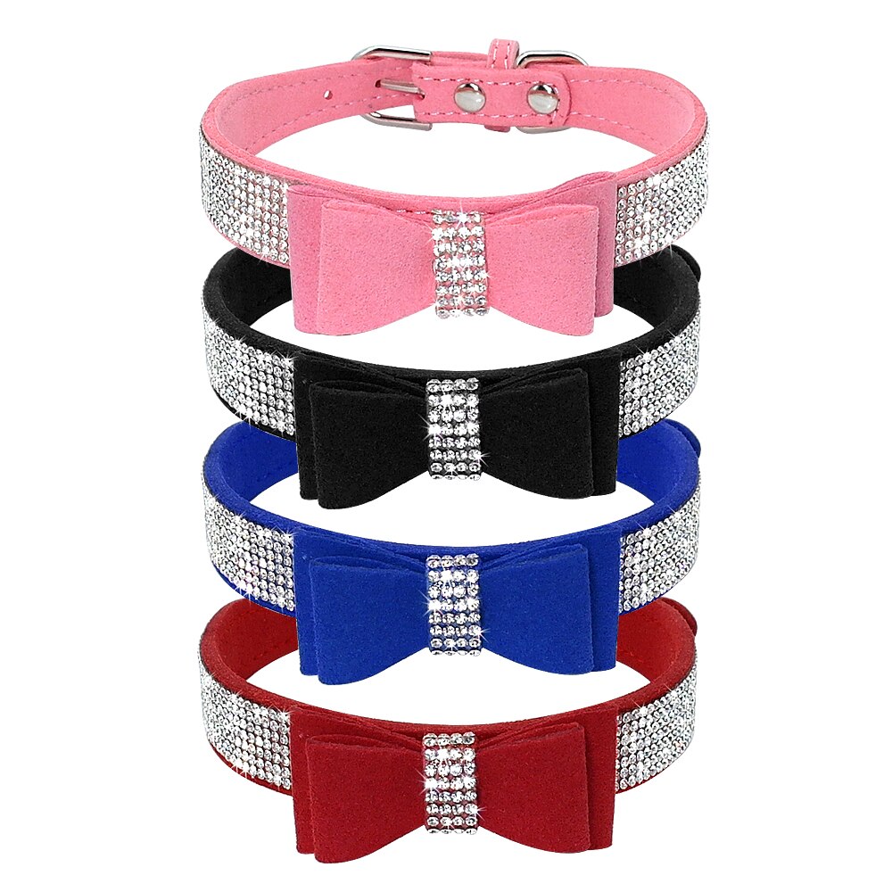 Bling Bowknot Rhinestone Dog Collar and Leash Set | Suede Leather, Sparkling Crystals for Small to Medium Dogs & Cats