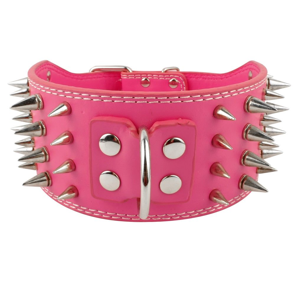 Spiked Leather Dog Collar | 3" Wide Sharp Studded Dog Collar for Medium to Large Dogs | 7 Colours Available