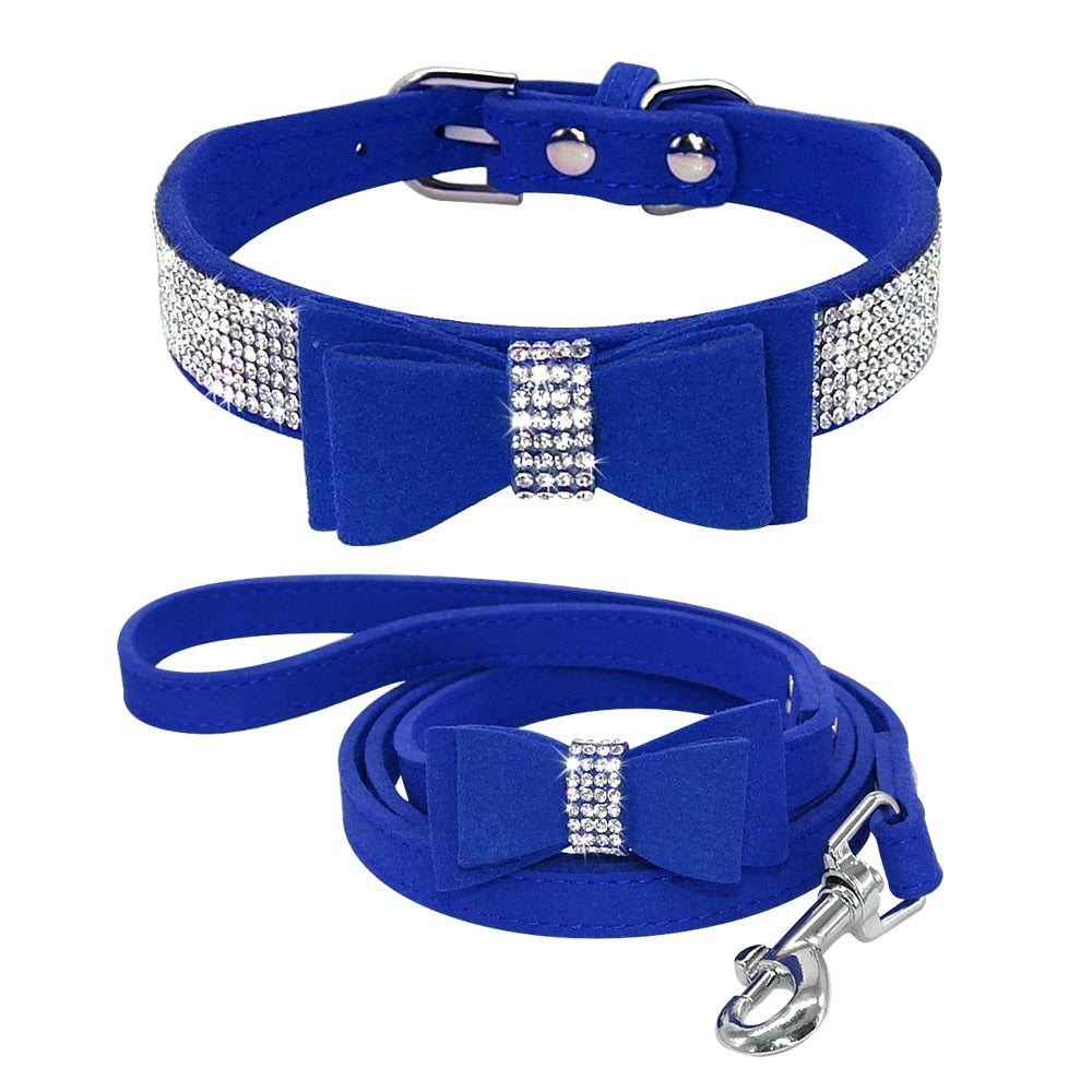 Bling Bowknot Rhinestone Dog Collar and Leash Set | Suede Leather, Sparkling Crystals for Small to Medium Dogs & Cats
