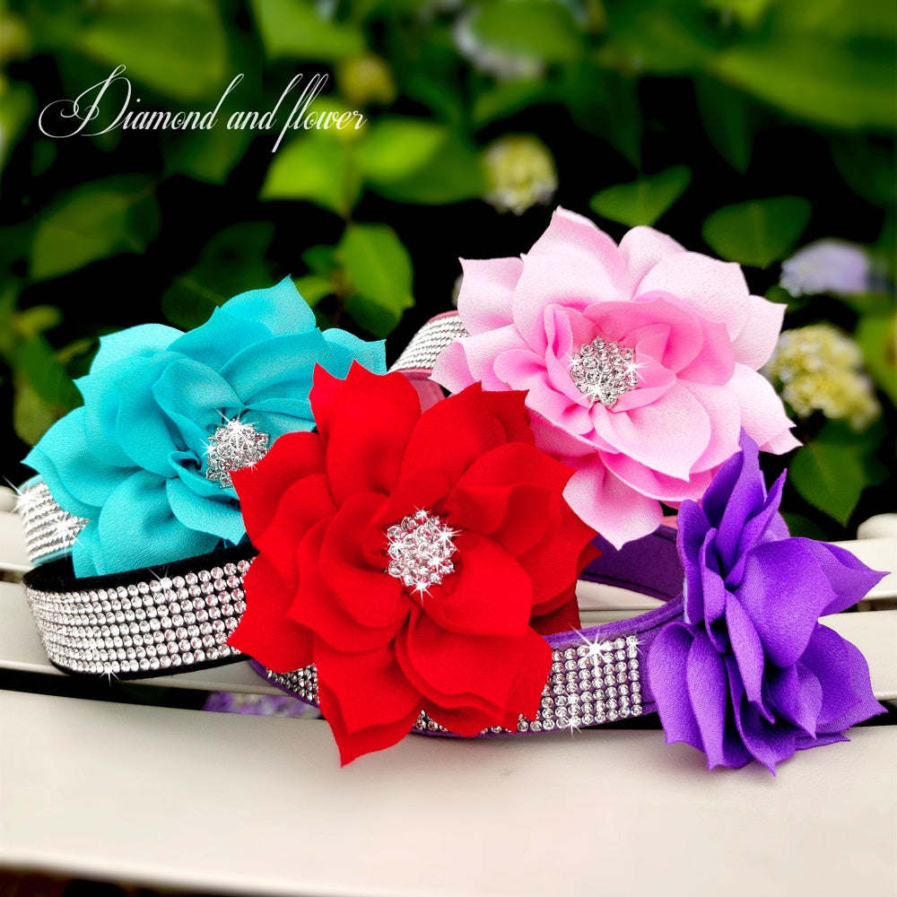 Bling Rhinestone Dog Collar with Flower | Glittery Crystal Puppy & Cat Collar for Small Pets