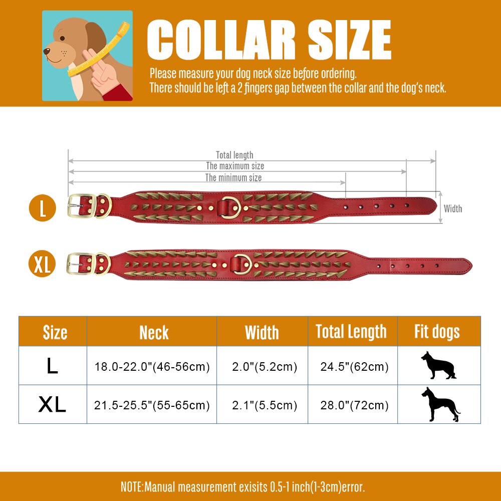 Spiked Studded Leather Dog Collar | Strong and Durable Collar for Medium & Large Dogs - Heavy Duty Metal Buckle