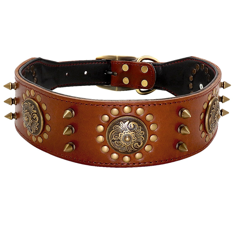 Spiked Leather Dog Collar | Adjustable Studded Collar for Medium & Large Dogs | Heavy Duty Buckle & D-Ring