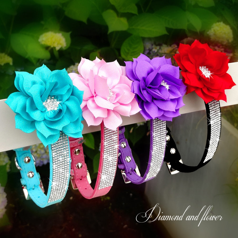Bling Rhinestone Dog Collar with Flower | Glittery Crystal Puppy & Cat Collar for Small Pets