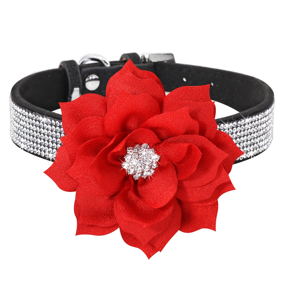 Bling Rhinestone Dog Collar with Flower | Glittery Crystal Puppy & Cat Collar for Small Pets