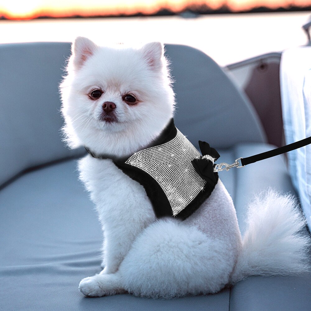 Bling Rhinestones Harness for Small Dogs & Cats | Soft Warm Winter Vest with Bowtie and Leash Set