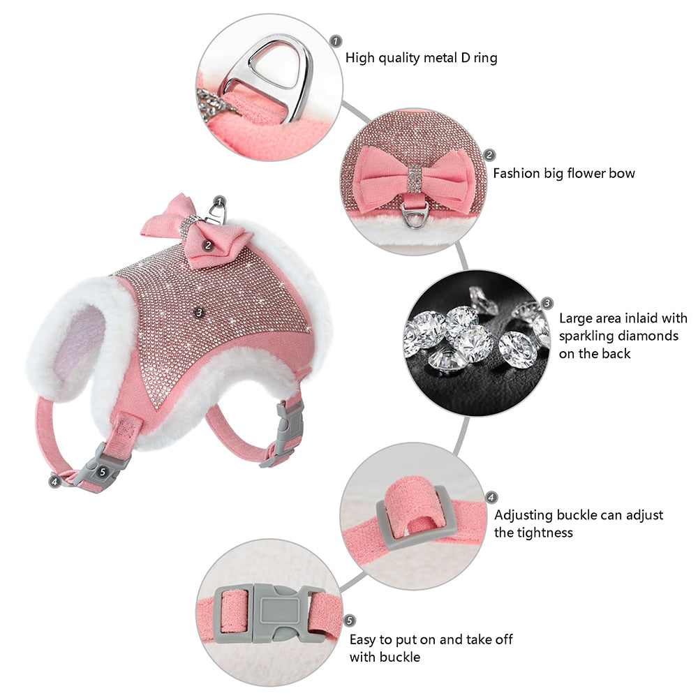 Bling Rhinestones Harness for Small Dogs & Cats | Soft Warm Winter Vest with Bowtie and Leash Set