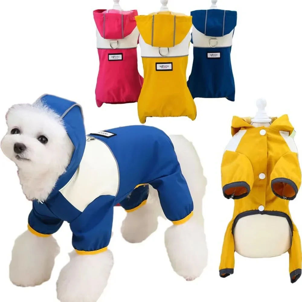 Waterproof Hooded Dog Jumpsuit Raincoat | Reflective Four-Legged Pet Coat, Available in Multiple Colours for Small Dogs