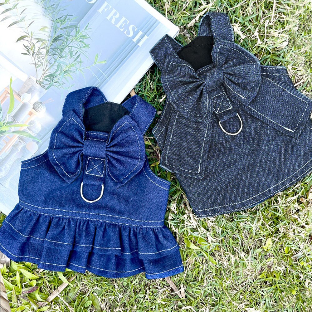 Pet Denim Dress Harness | Stylish Spring/Summer Jean Outfit with Bowtie for Cats & Small Dogs