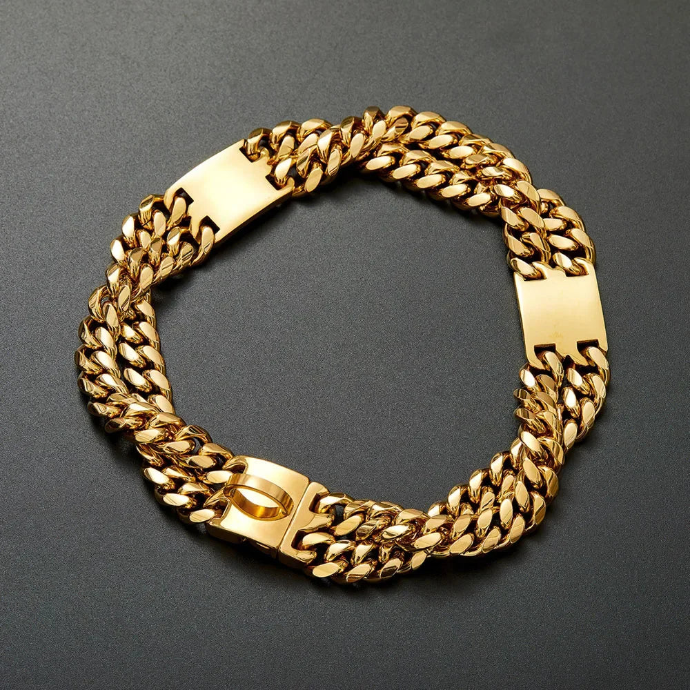Strong Gold Double Chain Dog Collar | 24mm Cuban Link Stainless Steel for Medium to Large Dogs