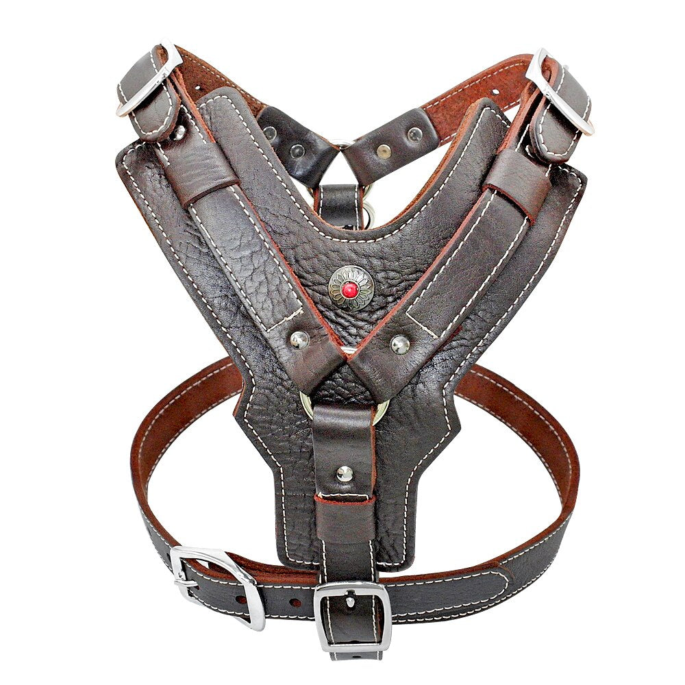 Durable Genuine Leather Dog Harness | Large Dog Vest Harness with Quick Control Handle | Adjustable and Heavy Duty for Pet Safety