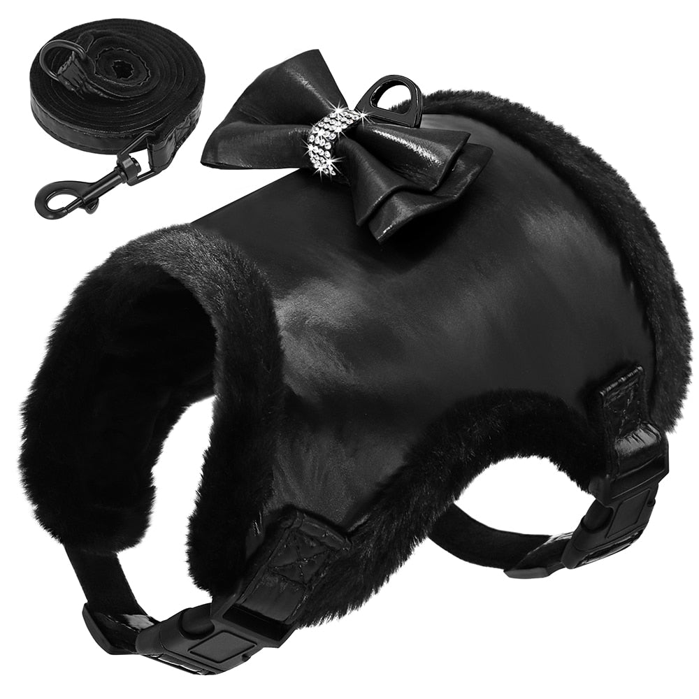 Winter Dog Harness and Leash Set | Waterproof Pink Vest Harness with Fur Collar and Bowtie for Small & Medium Dogs and Cats