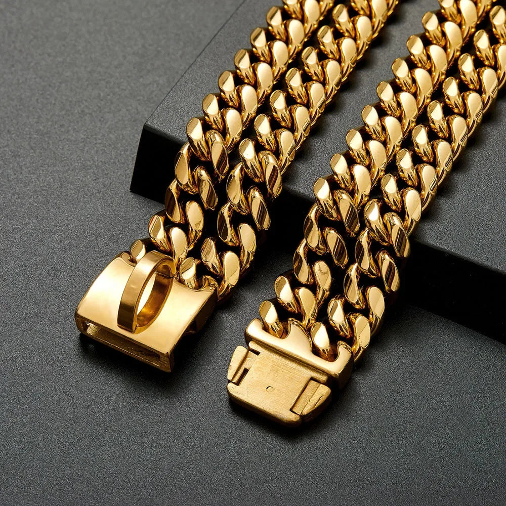 Strong Gold Double Chain Dog Collar | 24mm Cuban Link Stainless Steel for Medium to Large Dogs