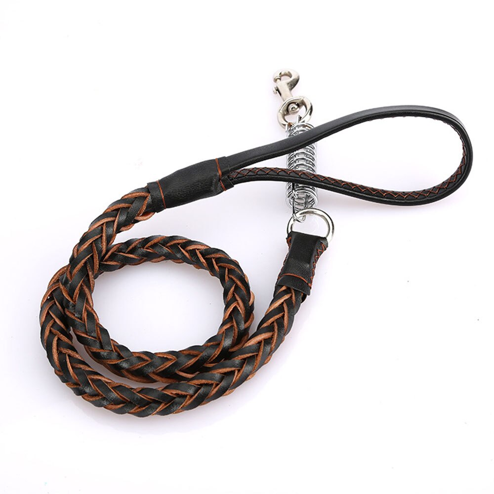 Durable Braided Leather Dog Leash | No Pull Cowhide Leash with Buffer Spring for Large and Medium Dogs