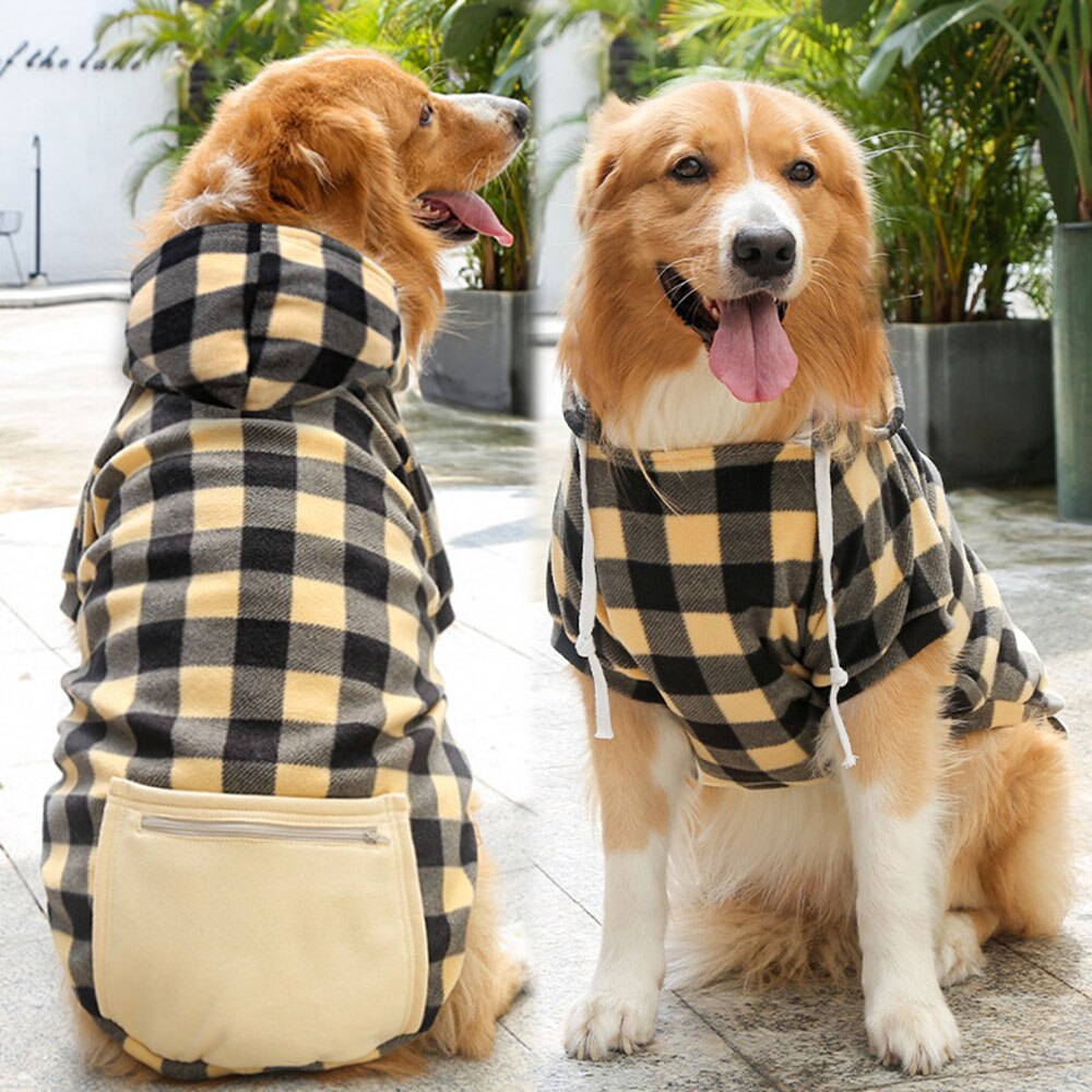 Winter Warm Dog Hoodie Coat | Plaid Print Hoodie with Pocket for Large Dogs