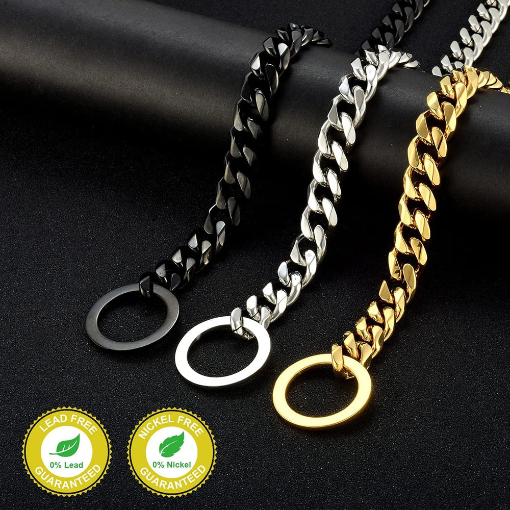 Strong Stainless Steel Cuban Link Dog Chain Collar | 15mm Width, Silvery & Golden Finish, Durable Pet Training Slip Chain for Small to Large Dogs