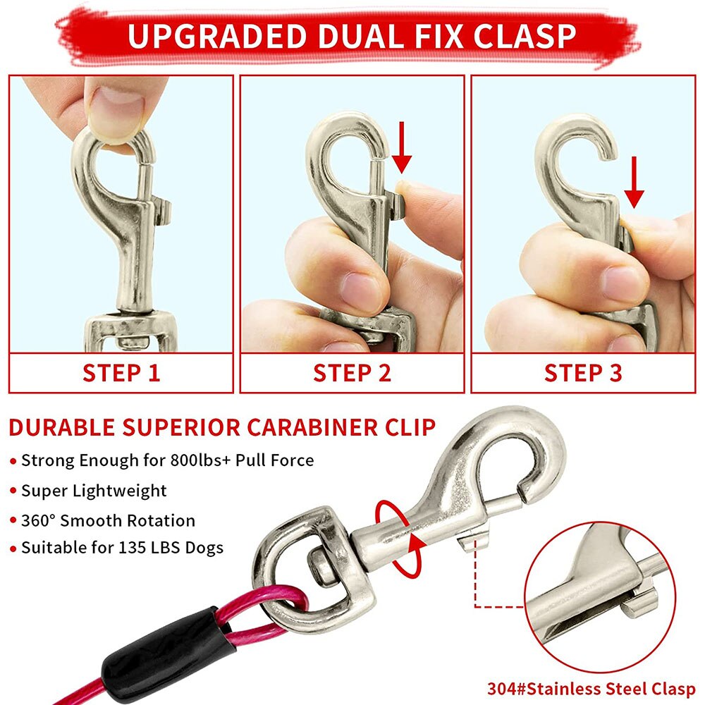 Heavy Duty Dog Tie-Out Cable | Steel Cable Leash for Dogs Up to 135 Pounds with Strong Carabiner Clip