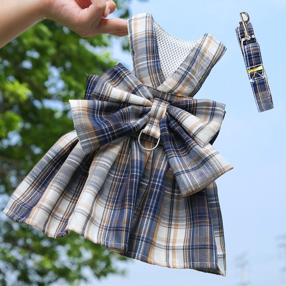 Adjustable Plaid Skirt Dog Harness with Bowknot | Stylish Party Dress for Small Dogs & Cats