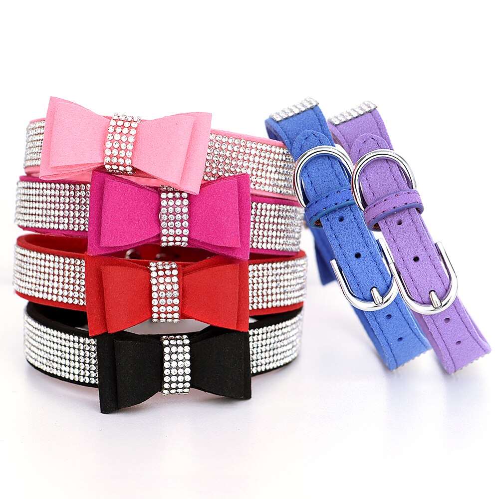Adjustable Rhinestone Suede Leather Dog Collar with Bling Bowknot | Stylish Pet Puppy Kitten Necklace Accessory