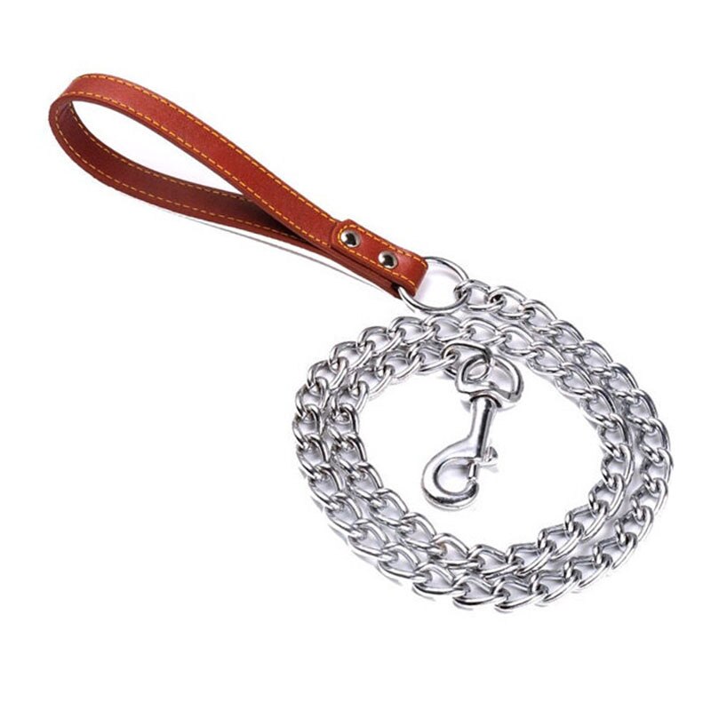 Heavy Duty Chain Dog Leash | Durable Stainless Steel Chew Proof Design with Leather Padded Handle