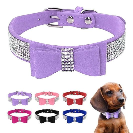 Adjustable Rhinestone Suede Leather Dog Collar with Bling Bowknot | Stylish Pet Puppy Kitten Necklace Accessory