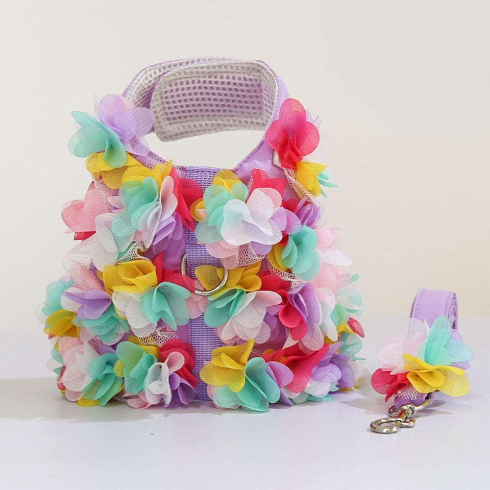 Adjustable Luxury Floral Dog Harness Set | No Pull, Breathable, Cute Puppy Safety Vest
