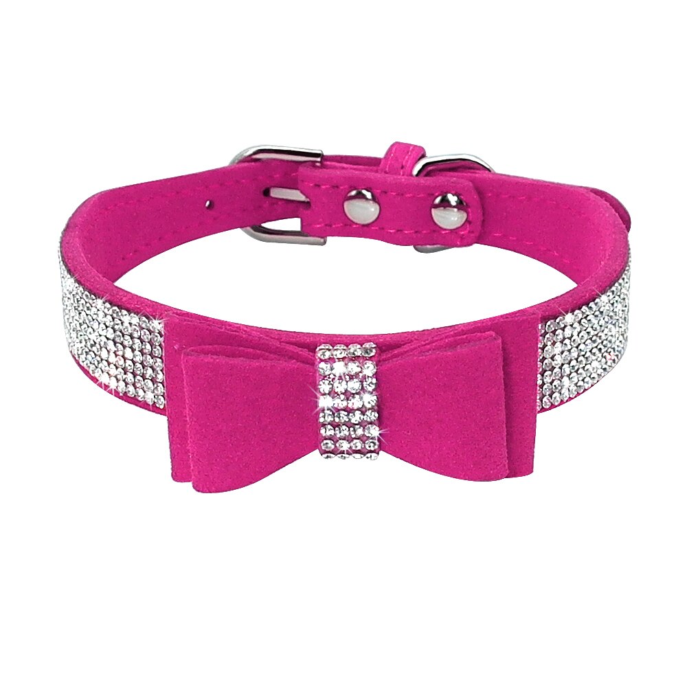 Sparkling Bowknot Rhinestone Dog Collar | Adjustable Suede Leather Collar for Small & Medium Pets, Puppy & Kitten Bling Accessory
