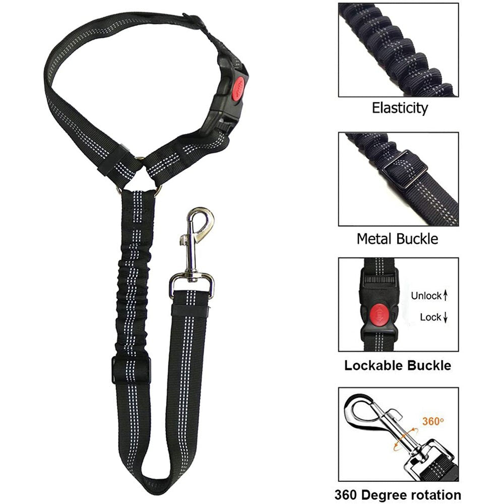 2-in-1 Dog Seat Belt Harness | Adjustable Bungee Leash & Headrest Restraint with Reflective Stitching