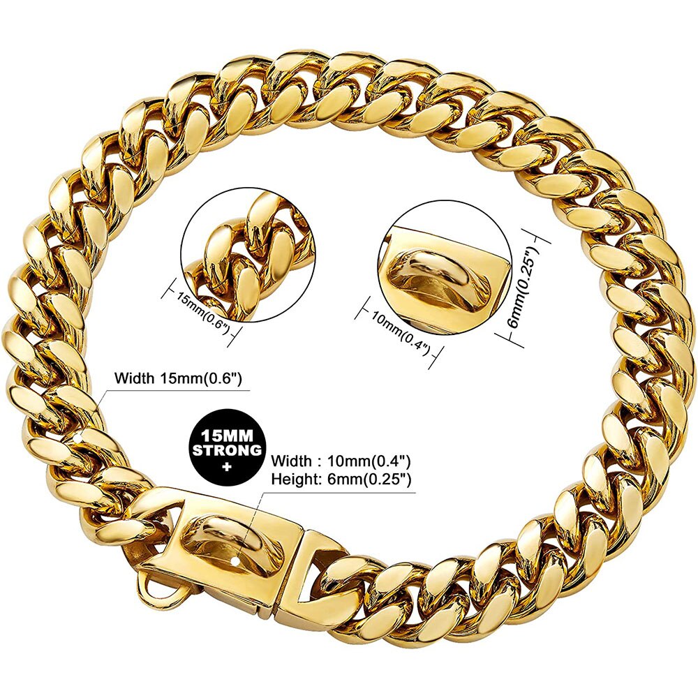 15mm Gold Dog Chain Collar | Strong Stainless Steel Cuban Link Necklace for Dogs with Heavy-Duty Buckle