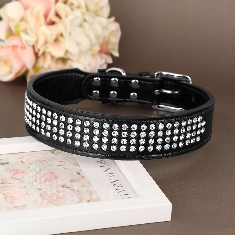 Bling Rhinestone Leather Dog Collar | Glitter Crystal Studded Collars for Medium and Large Dogs | Adjustable Pet Accessories