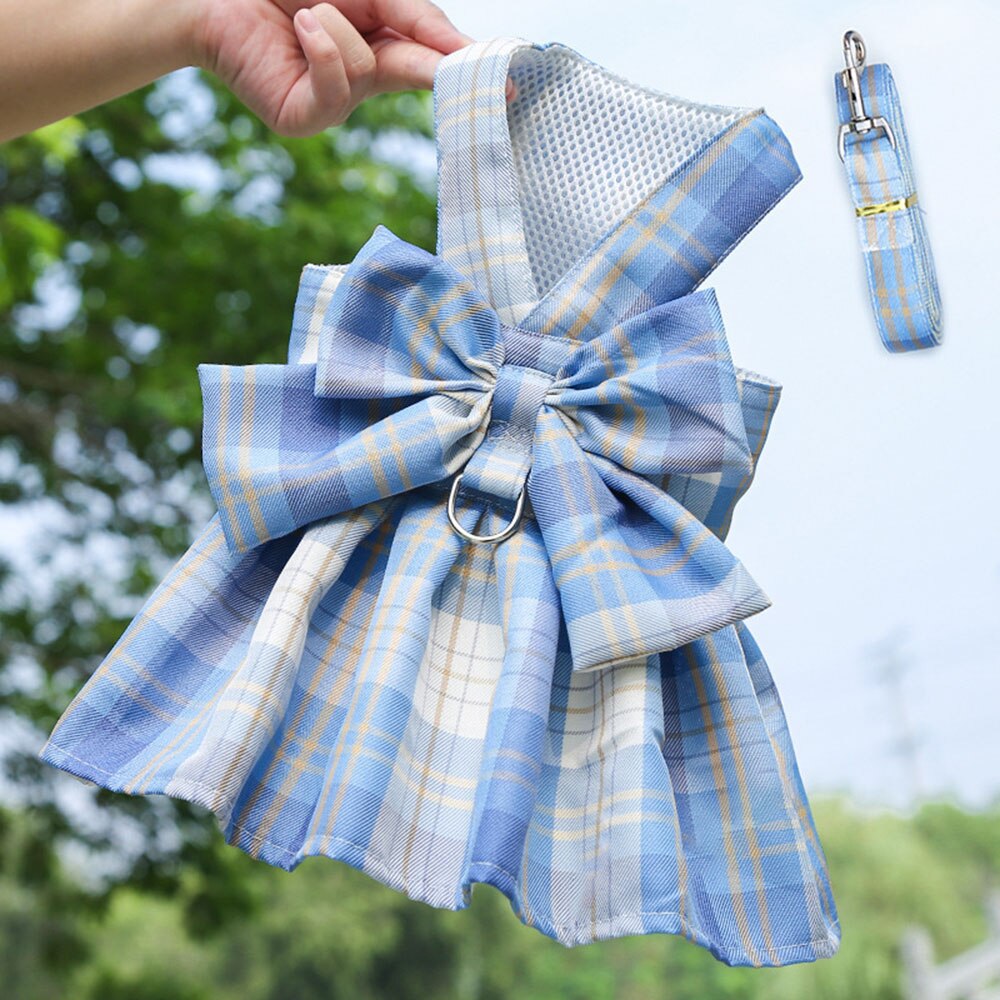 Adjustable Plaid Skirt Dog Harness with Bowknot | Stylish Party Dress for Small Dogs & Cats