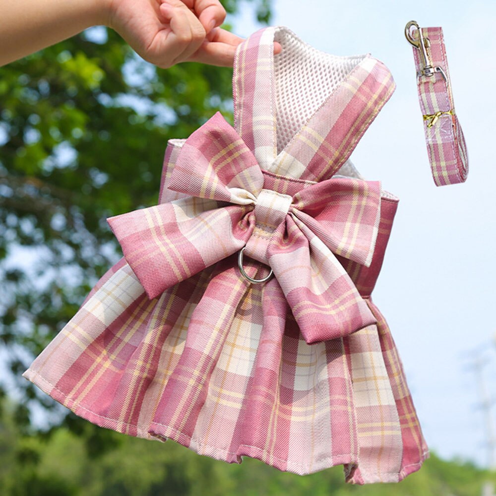 Adjustable Plaid Skirt Dog Harness with Bowknot | Stylish Party Dress for Small Dogs & Cats