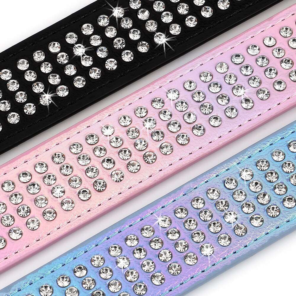 Bling Rhinestone Leather Dog Collar | Glitter Crystal Studded Collars for Medium and Large Dogs | Adjustable Pet Accessories