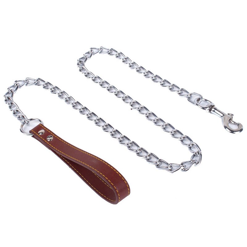 Heavy Duty Chain Dog Leash | Durable Stainless Steel Chew Proof Design with Leather Padded Handle