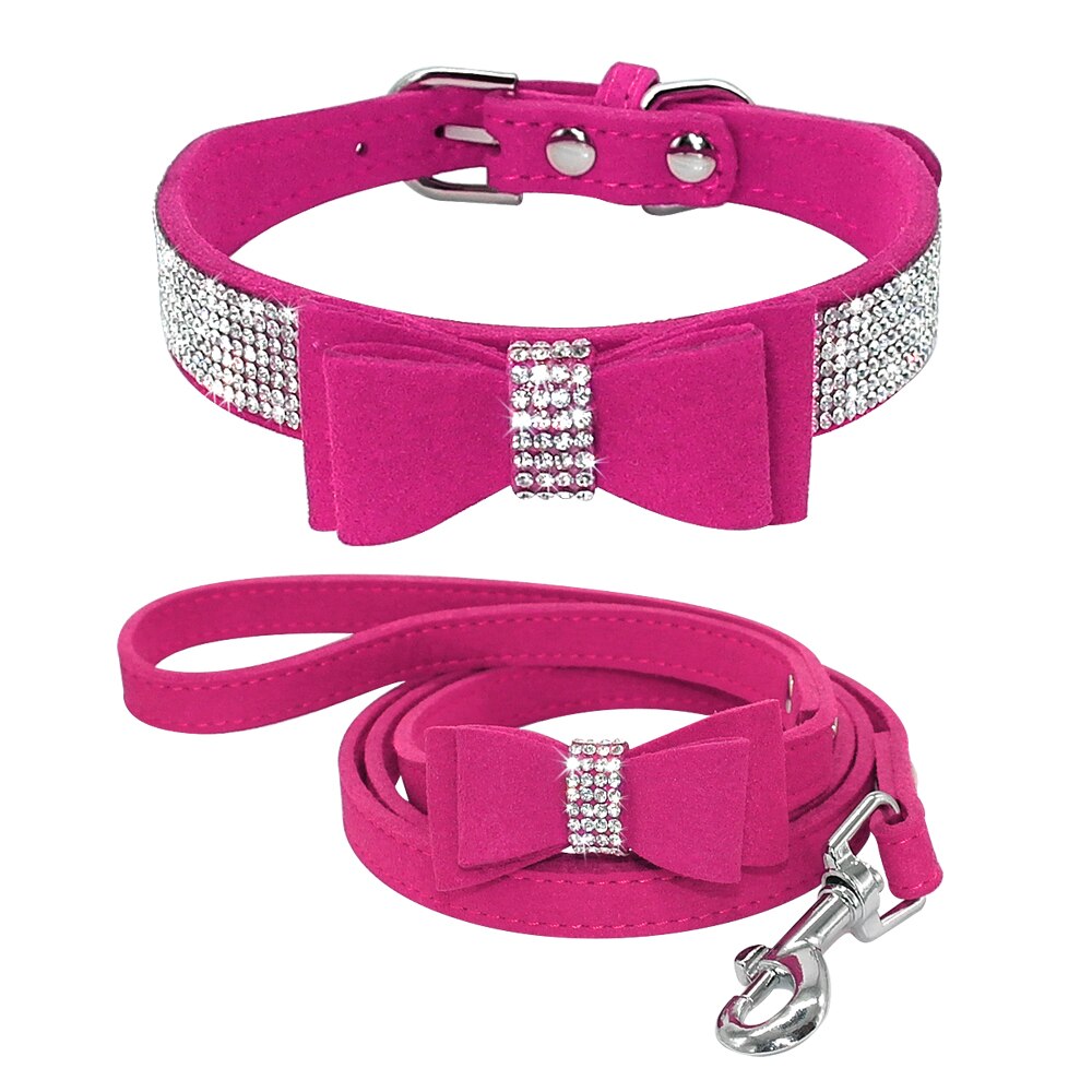 Bling Bowknot Rhinestone Dog Collar and Leash Set | Suede Leather, Sparkling Crystals for Small to Medium Dogs & Cats